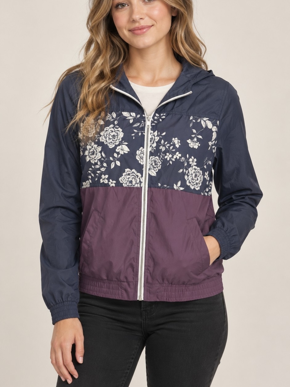 Empyre Two-Tone Floral Hooded Windbreaker Jacket - Navy & Plum